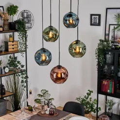 Ripoll Suspension, Boule lumineuse, Suspension grappe Bleu, Vert, Cuivré, 5 lumières