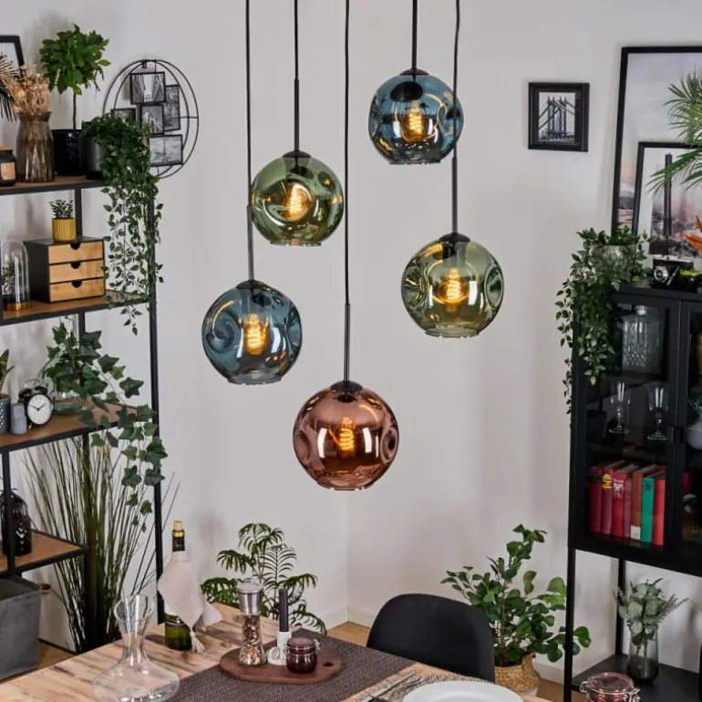 Ripoll Suspension, Boule lumineuse, Suspension grappe Bleu, Vert, Cuivré, 5 lumières