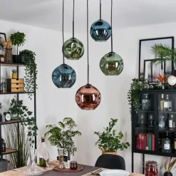 Ripoll Suspension, Boule lumineuse, Suspension grappe Bleu, Vert, Cuivré, 5 lumières