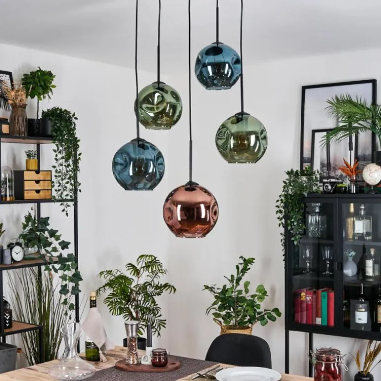 Ripoll Suspension, Boule lumineuse, Suspension grappe Bleu, Vert, Cuivré, 5 lumières