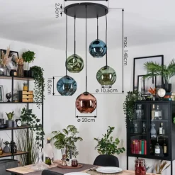 Ripoll Suspension, Boule lumineuse, Suspension grappe Bleu, Vert, Cuivré, 5 lumières