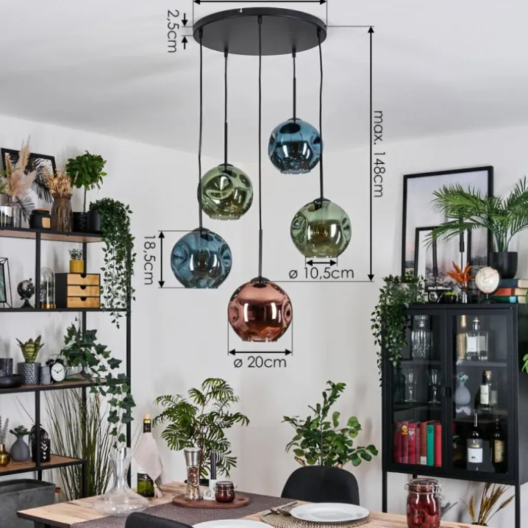Ripoll Suspension, Boule lumineuse, Suspension grappe Bleu, Vert, Cuivré, 5 lumières