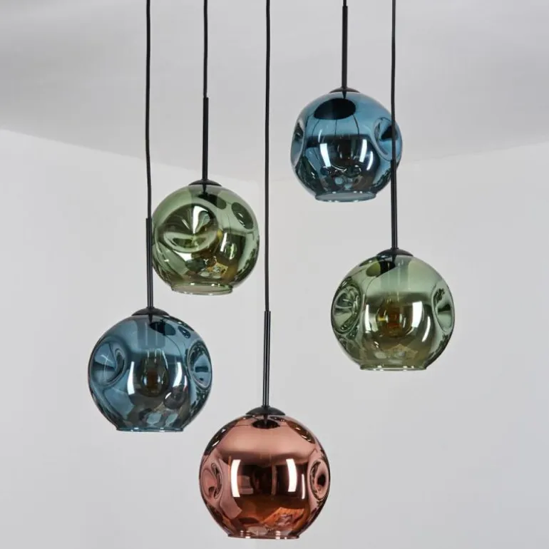 Ripoll Suspension, Boule lumineuse, Suspension grappe Bleu, Vert, Cuivré, 5 lumières