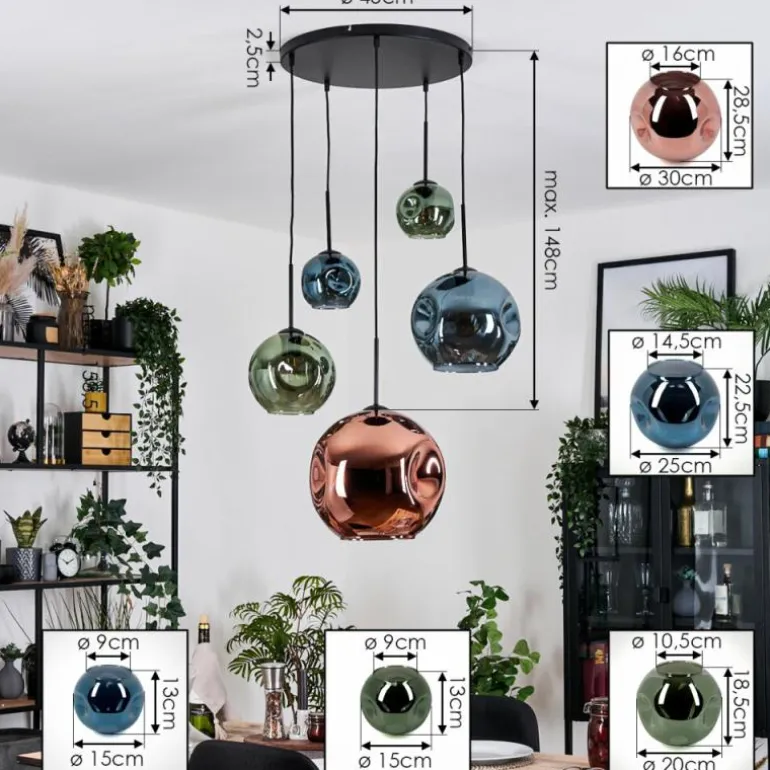 Ripoll Suspension, Boule lumineuse, Suspension grappe Bleu, Vert, Cuivré, 5 lumières
