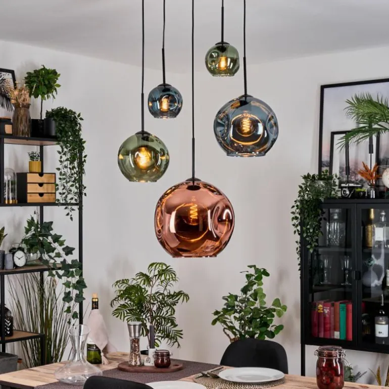 Ripoll Suspension, Boule lumineuse, Suspension grappe Bleu, Vert, Cuivré, 5 lumières