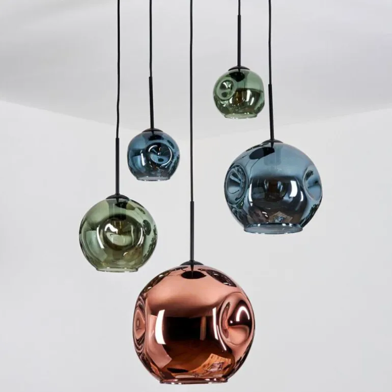 Ripoll Suspension, Boule lumineuse, Suspension grappe Bleu, Vert, Cuivré, 5 lumières