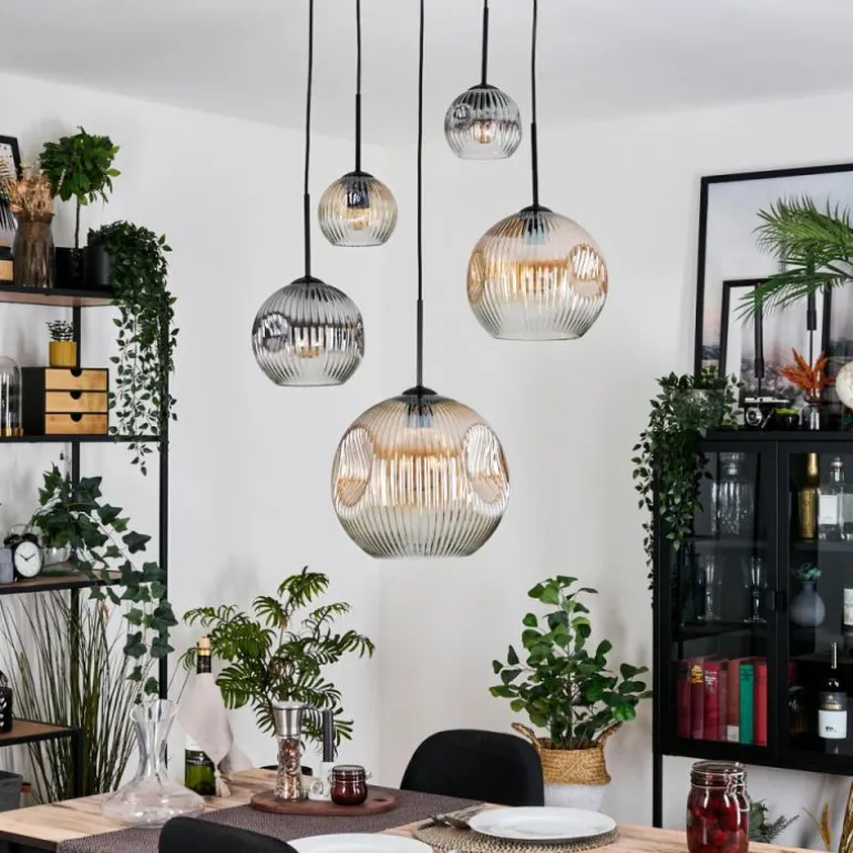 Ripoll Suspension, Boule lumineuse, Suspension grappe Ambre, Clair, Fumé, 5 lumières