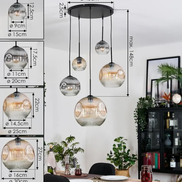 Ripoll Suspension, Boule lumineuse, Suspension grappe Ambre, Clair, Fumé, 5 lumières