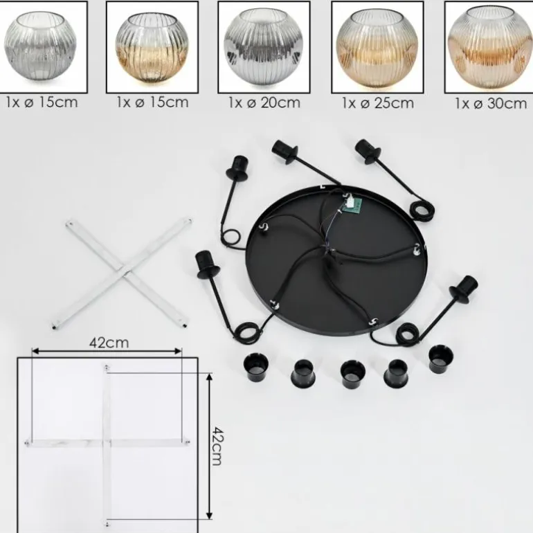 Ripoll Suspension, Boule lumineuse, Suspension grappe Ambre, Clair, Fumé, 5 lumières