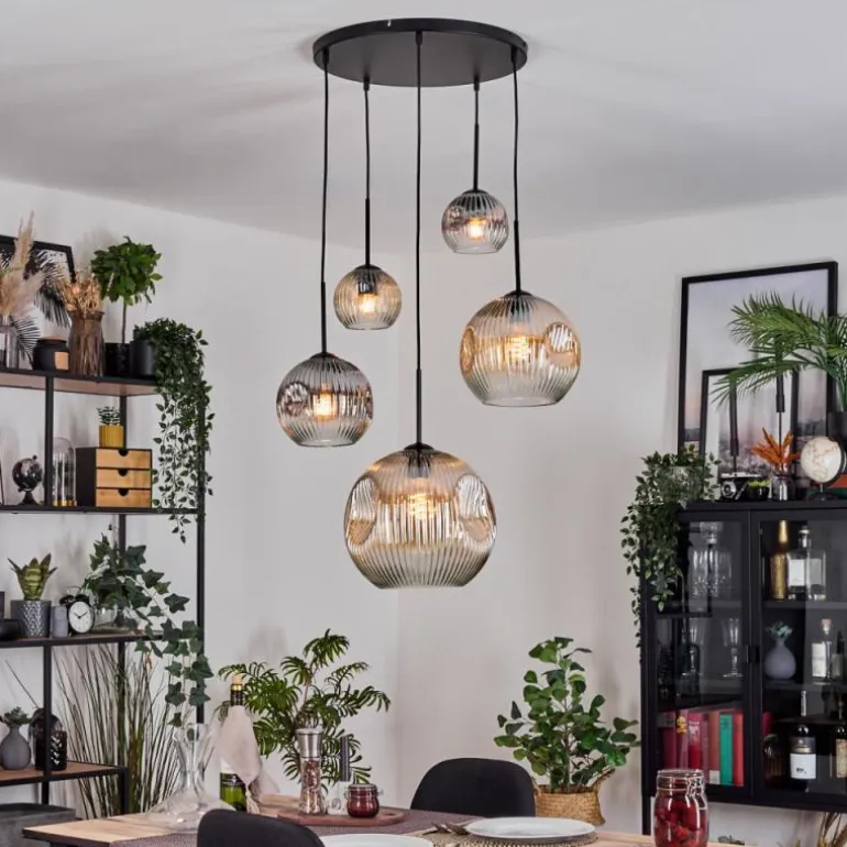 Ripoll Suspension, Boule lumineuse, Suspension grappe Ambre, Clair, Fumé, 5 lumières