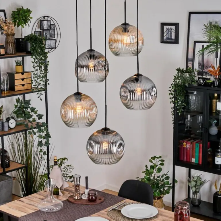 Ripoll Suspension, Boule lumineuse, Suspension grappe Ambre, Clair, Fumé, 5 lumières