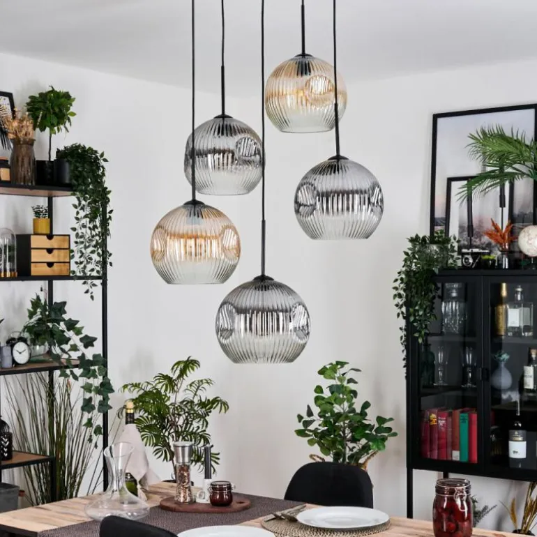 Ripoll Suspension, Boule lumineuse, Suspension grappe Ambre, Clair, Fumé, 5 lumières