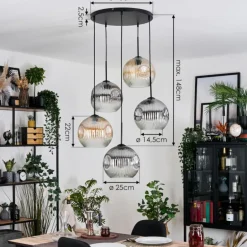 Ripoll Suspension, Boule lumineuse, Suspension grappe Ambre, Clair, Fumé, 5 lumières