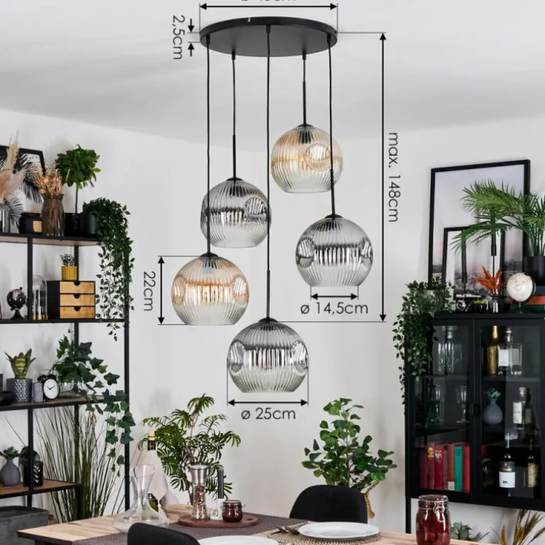 Ripoll Suspension, Boule lumineuse, Suspension grappe Ambre, Clair, Fumé, 5 lumières