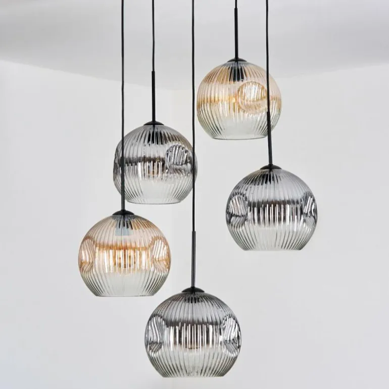 Ripoll Suspension, Boule lumineuse, Suspension grappe Ambre, Clair, Fumé, 5 lumières