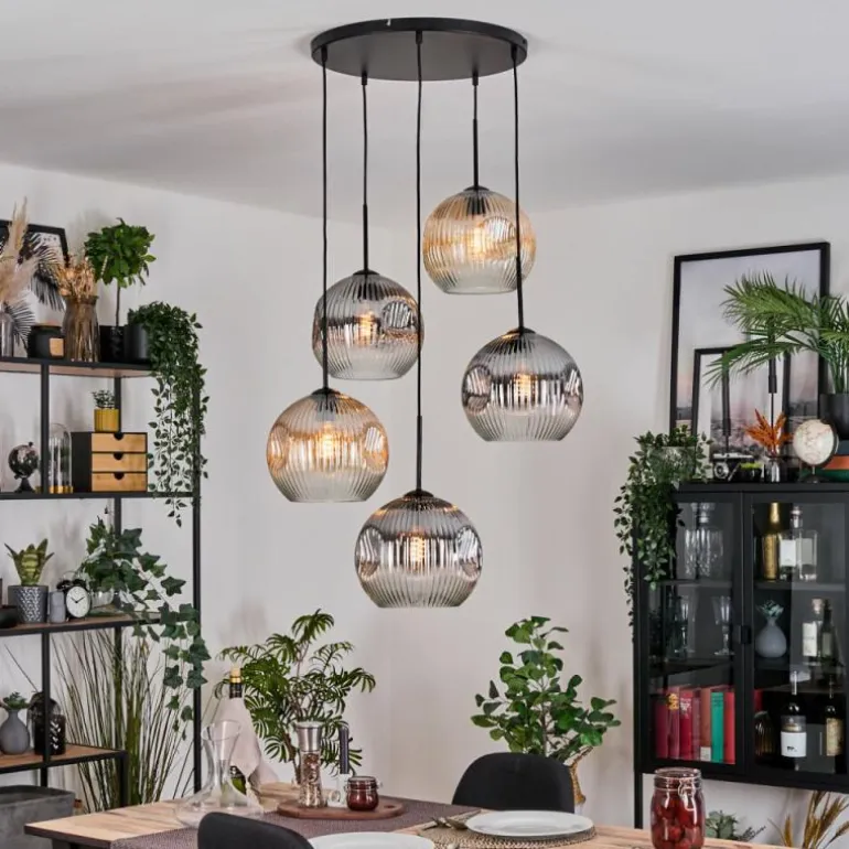 Ripoll Suspension, Boule lumineuse, Suspension grappe Ambre, Clair, Fumé, 5 lumières