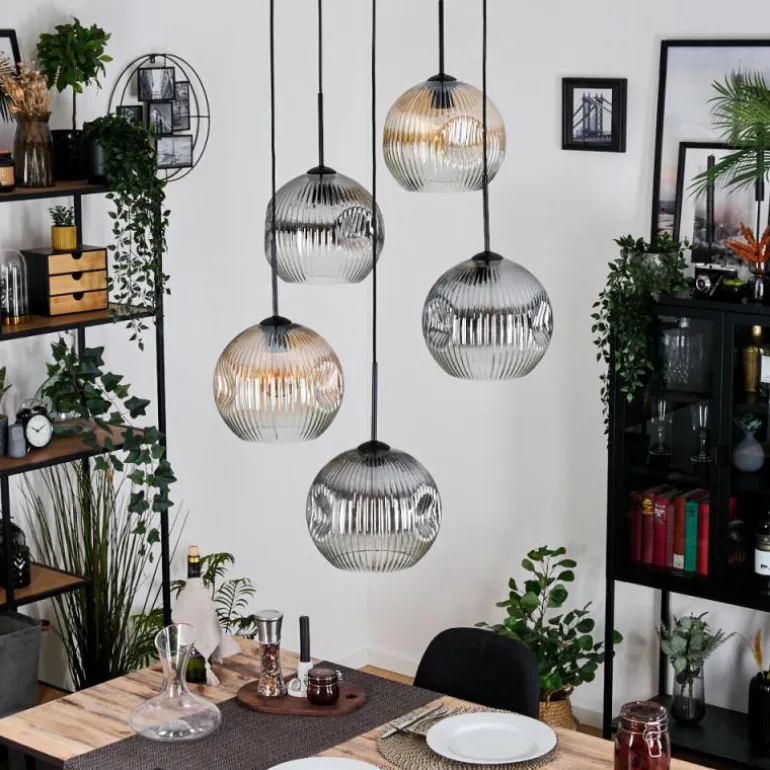 Ripoll Suspension, Boule lumineuse, Suspension grappe Ambre, Clair, Fumé, 5 lumières
