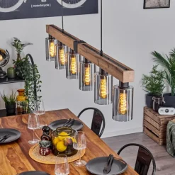 Suspension Hunouri Brun, Couleur bois, Noir, 6 lumières