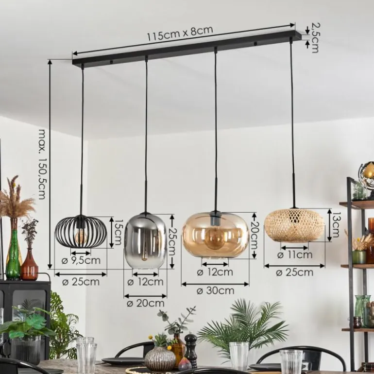 Suspension - Verre 25 cm, 20cm Ripoll Ambre, Clair, Écru, Fumé, Noir, 4 lumières
