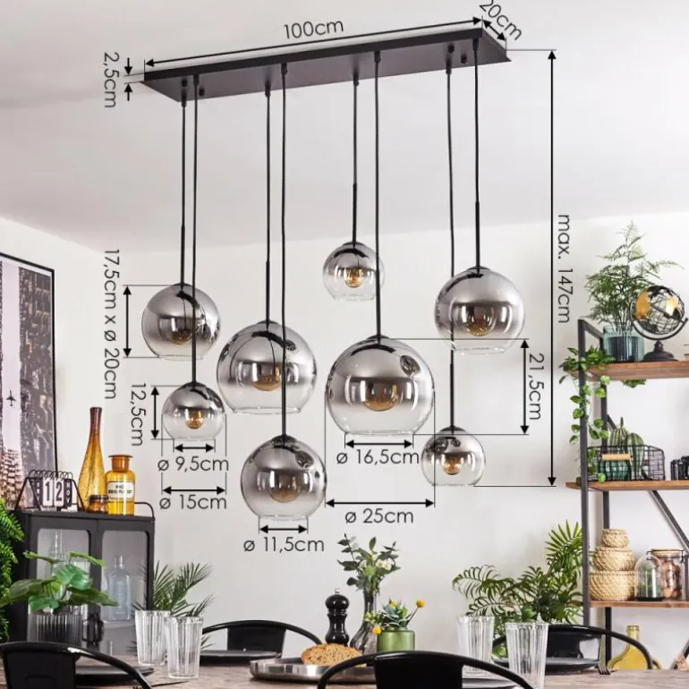 Suspension - Verre Koyoto Clair, Fumé, 8 lumières