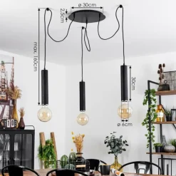 Suspension Wheelwright Nickel mat, Noir, 3 lumières