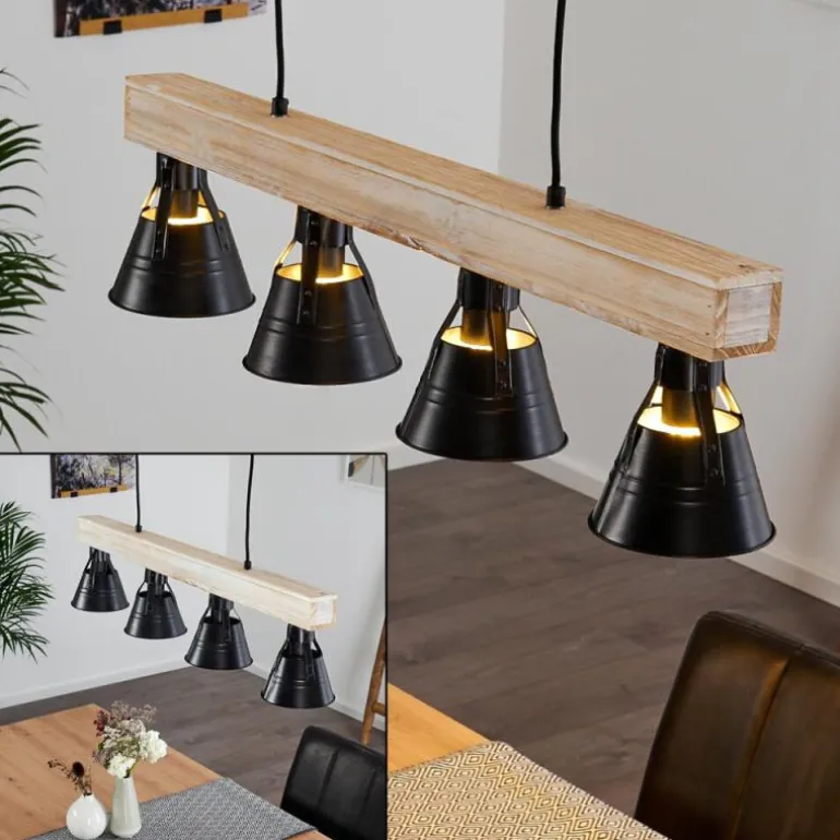 Suspension Berkeley Bois clair, Noir, 4 lumières
