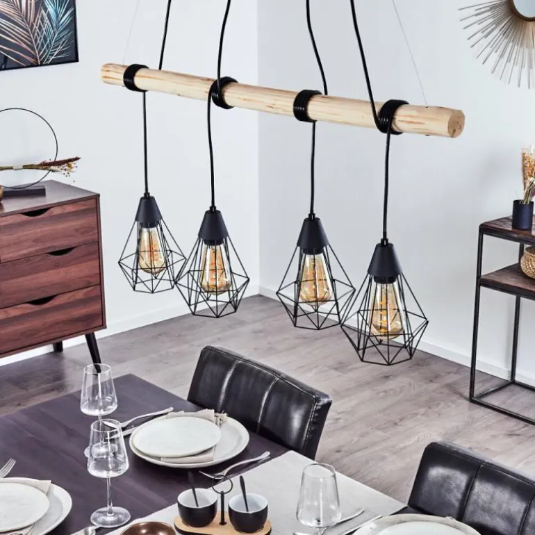 Suspension Betsele Bois clair, Noir, 4 lumières