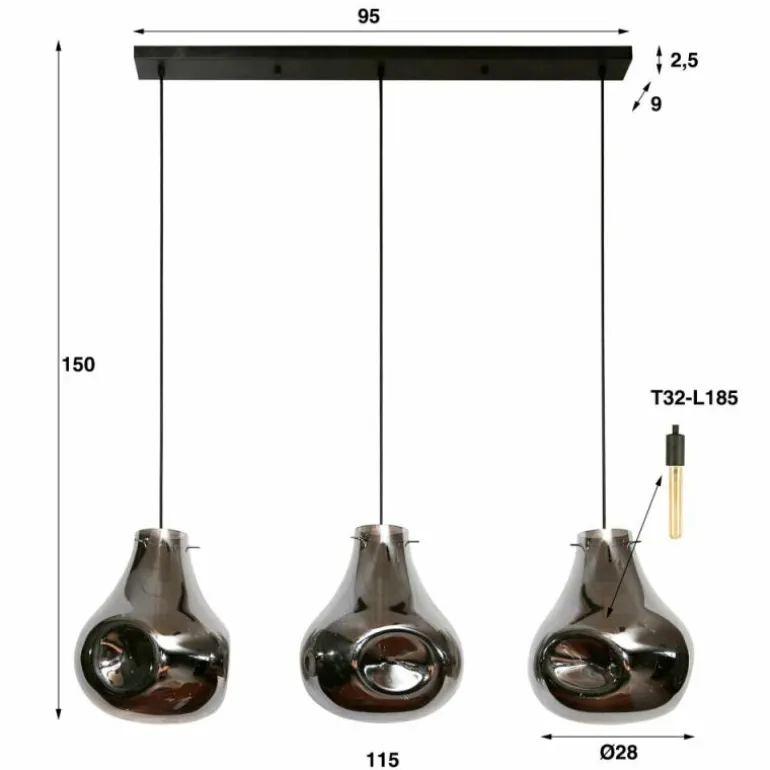 Suspension Dent Anthracite, 3 lumières