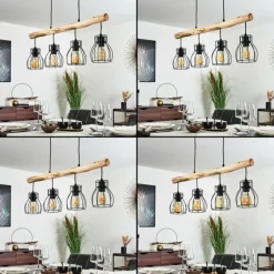 Suspension Gondo Bois clair, Noir, 4 lumières