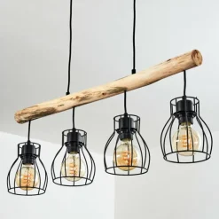 Suspension Gondo Bois clair, Noir, 4 lumières