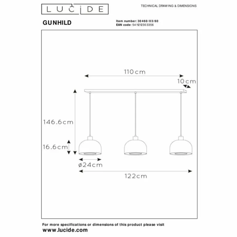 Suspension Lucide GUNHILD Or, Laiton, 3 lumières