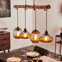 Suspension Ramon Bois clair, Noir, 4 lumières