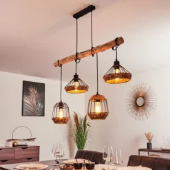 Suspension Ramon Bois clair, Noir, 4 lumières