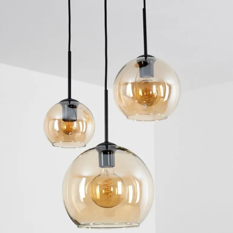 Suspension Verre 15 cm, 20 cm, 25 cm Koyoto Ambre, 3 lumières