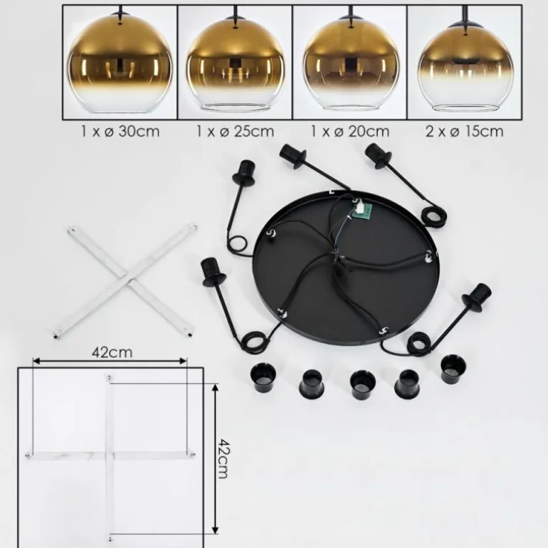Suspension Verre 15 cm, 20 cm, 25 cm, 30cm Koyoto Or, Clair, 5 lumières