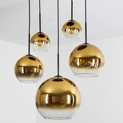 Suspension Verre 15 cm, 20 cm, 25 cm, 30cm Koyoto Or, Clair, 5 lumières