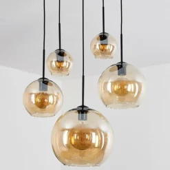 Suspension Verre 15 cm, 20 cm, 25 cm, 30cm Koyoto Ambre, 5 lumières