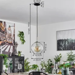 Suspension Verre 25 cm Koyoto Noir, Argenté, 1 lumière
