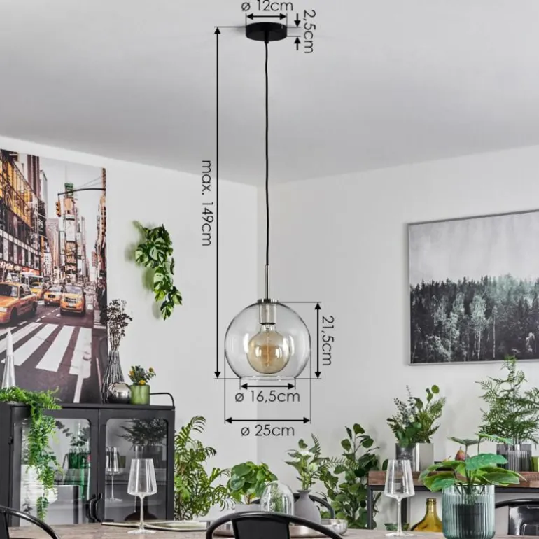 Suspension Verre 25 cm Koyoto Noir, Argenté, 1 lumière