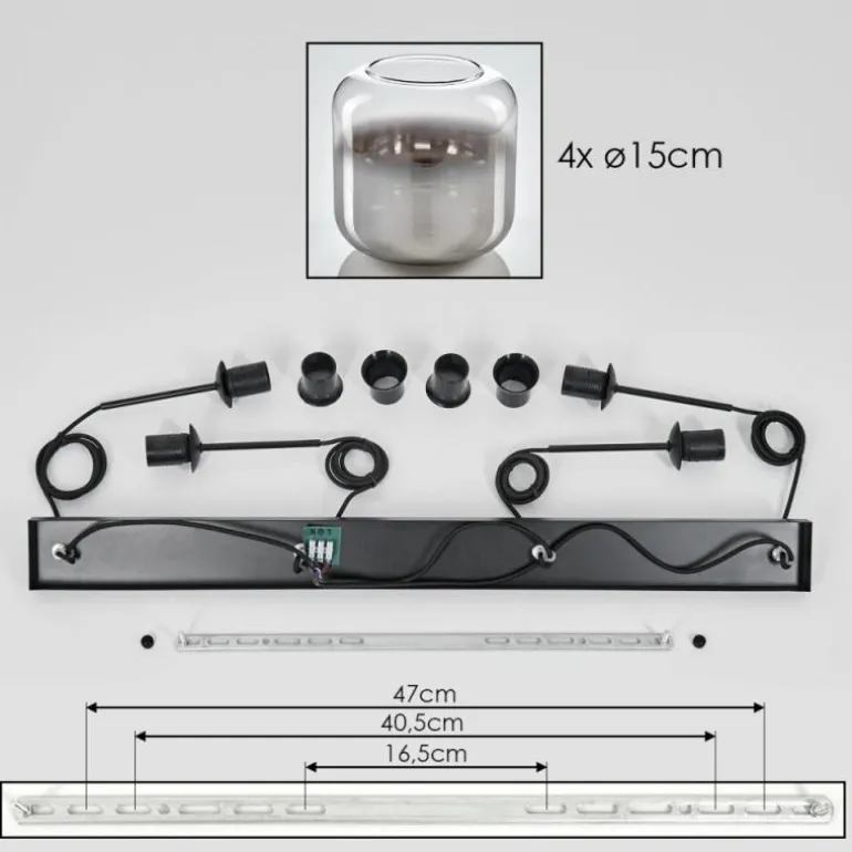 Suspension Verre 15 cm Lauden Clair, Fumé, 4 lumières