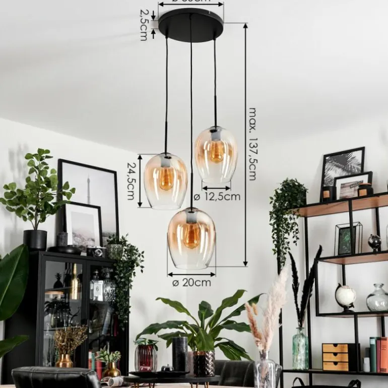 Suspension Verre 20cm Vevino Ambre, Clair, 3 lumières
