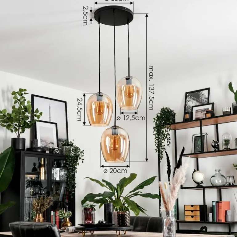 Suspension Verre 20cm Vevino Ambre, 3 lumières