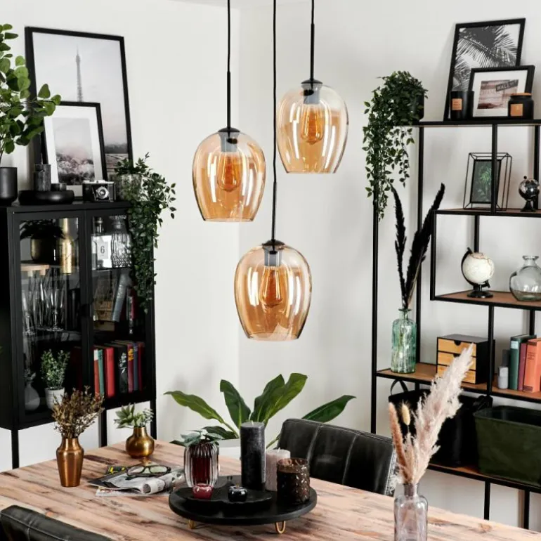 Suspension Verre 20cm Vevino Ambre, 3 lumières