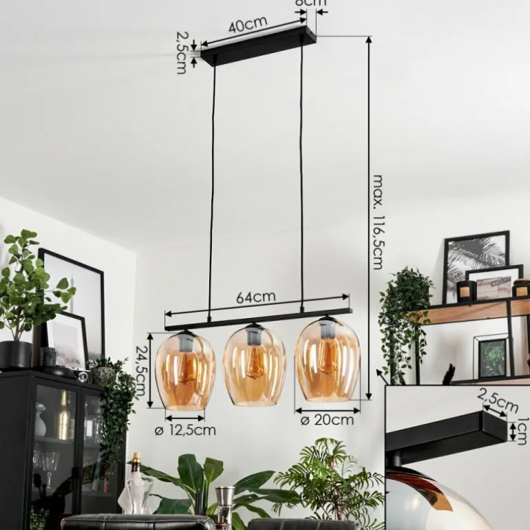 Suspension Verre 20cm Vevino Ambre, 3 lumières
