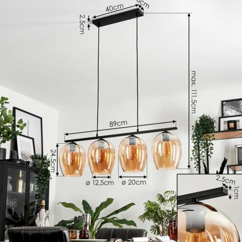 Suspension Verre 20cm Vevino Ambre, 4 lumières
