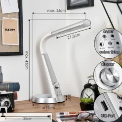 Tykby Lampe de bureau, Lampe à poser, Liseuse LED Argenté, Blanc, 1 lumière, Changeur de couleurs